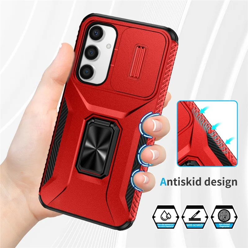 For Samsung Galaxy S23 FE Kickstand Case TPU+PC Phone Protector with Slide Lens Cover - Red