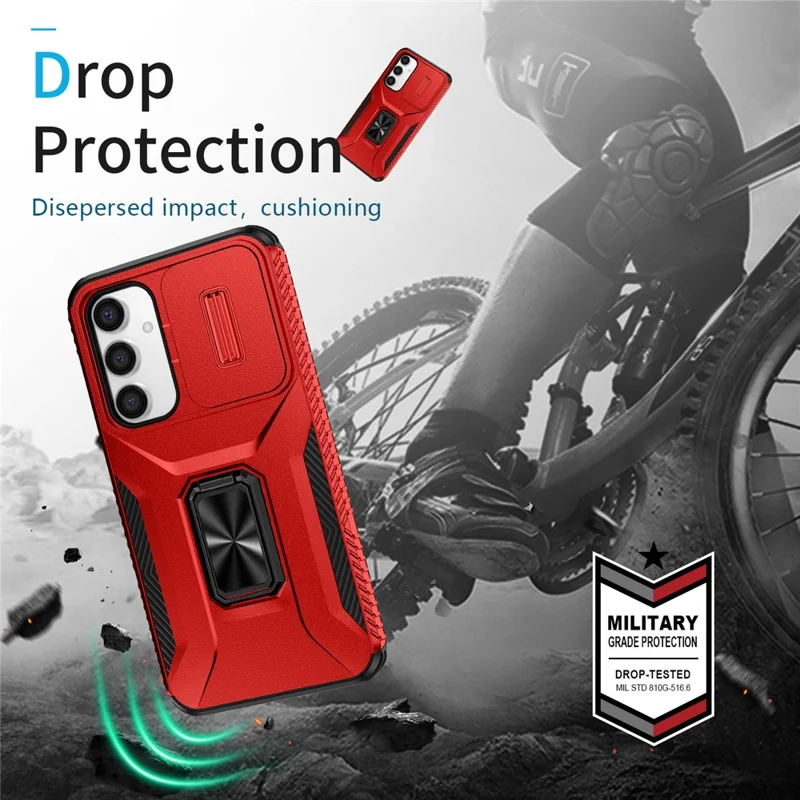 For Samsung Galaxy S23 FE Kickstand Case TPU+PC Phone Protector with Slide Lens Cover - Red
