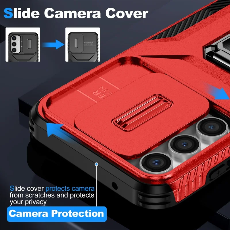 For Samsung Galaxy S23 FE Kickstand Case TPU+PC Phone Protector with Slide Lens Cover - Red