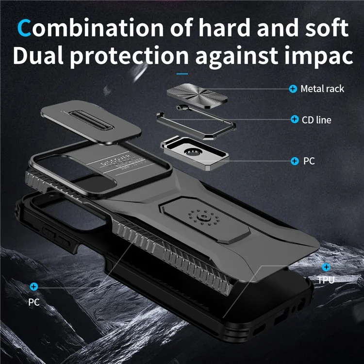 Para el caso del Samsung Galaxy A15 5G Soporte Deslizante Tapa del Objetivo Tapa TPU+PC Híbrido Funda de Teléfono - Negro
