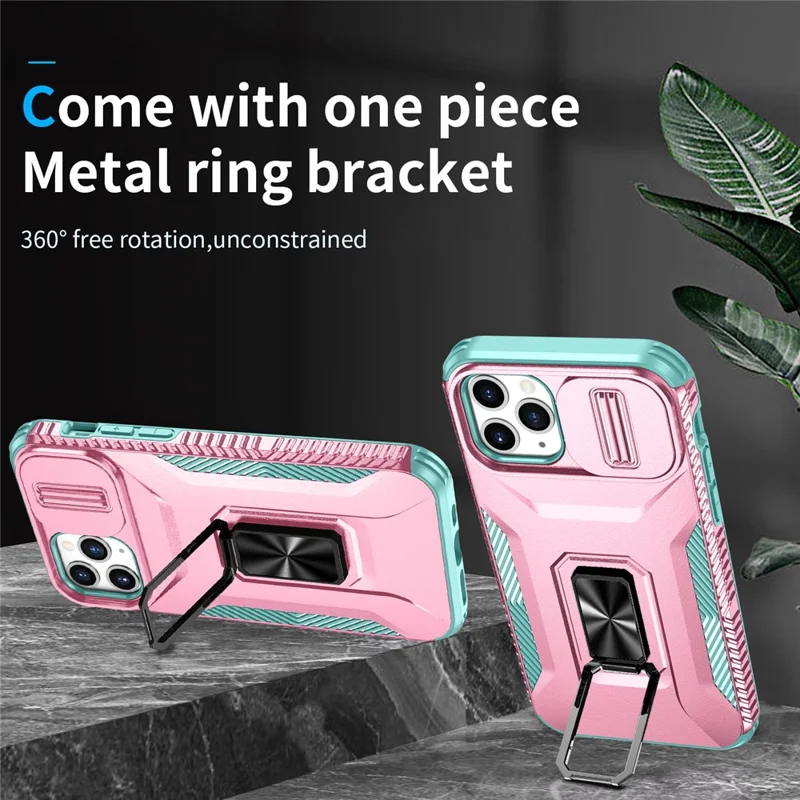 Para iPhone 11 Pro Case PC+TPU Phone Cover Sliding Camshield Holder - Pink+Grey Green