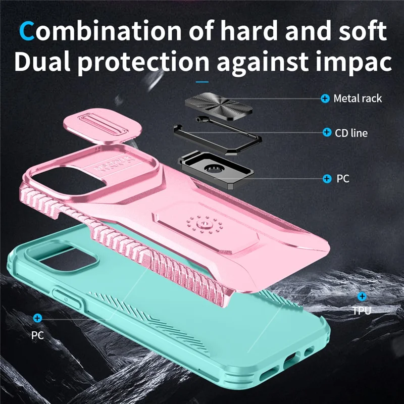 Para iPhone 11 Pro Case PC+TPU Phone Cover Sliding Camshield Holder - Pink+Grey Green