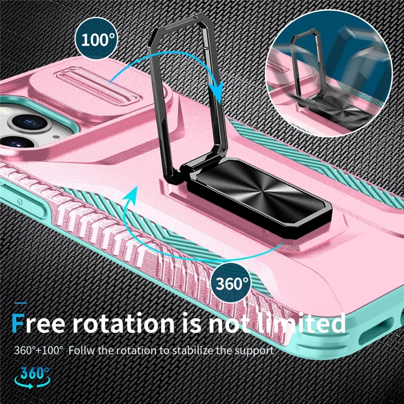 Para iPhone 11 Pro Case PC+TPU Phone Cover Sliding Camshield Holder - Pink+Grey Green