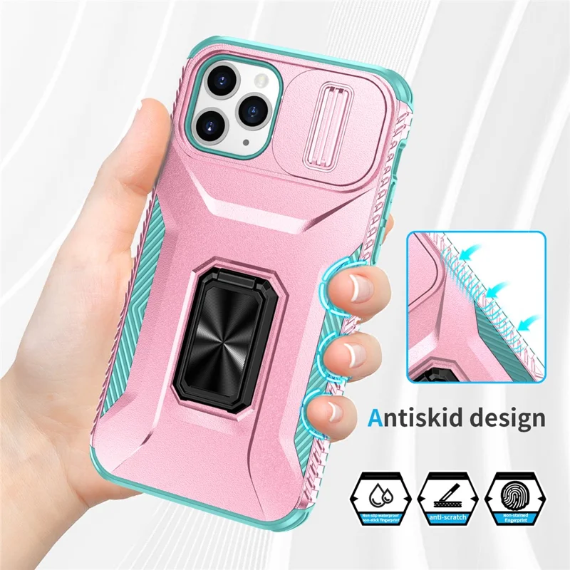 Para iPhone 11 Pro Case PC+TPU Phone Cover Sliding Camshield Holder - Pink+Grey Green