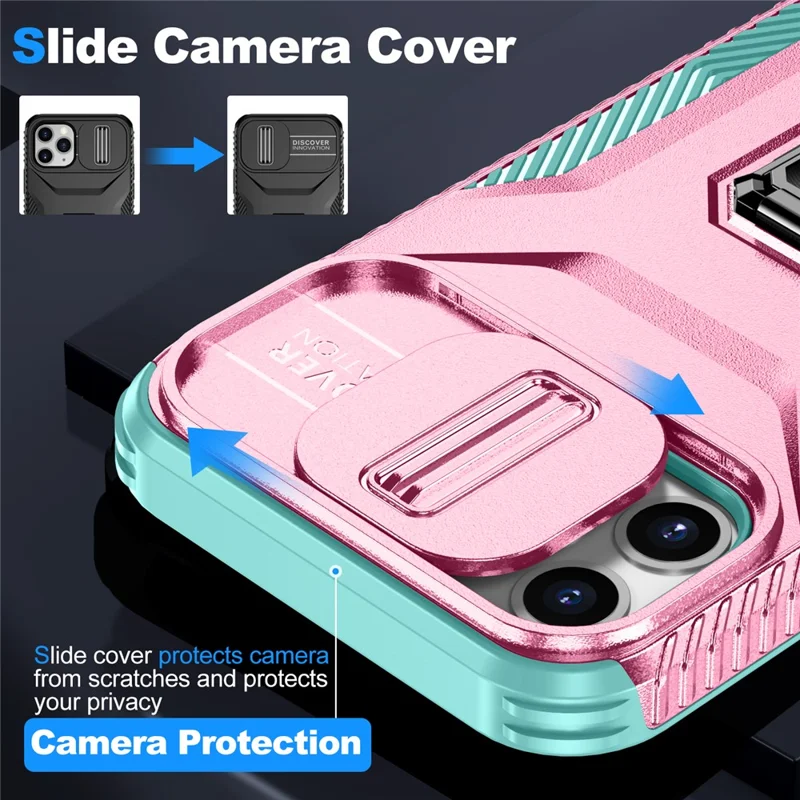 Para iPhone 11 Pro Case PC+TPU Phone Cover Sliding Camshield Holder - Pink+Grey Green