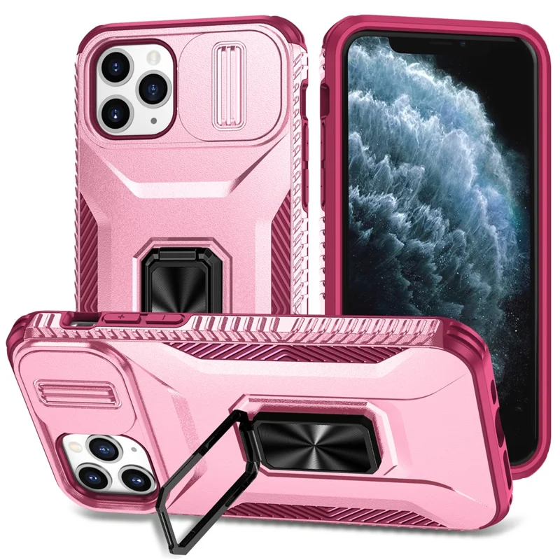 Für iPhone 11 Pro Hülle PC+TPU Handyhülle Slider Kameraschildhalter - Rosa+Weinrot 