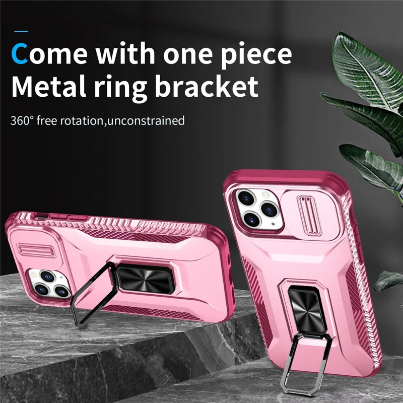 Für iPhone 11 Pro Hülle PC+TPU Handyhülle Slider Kameraschildhalter - Rosa+Weinrot 