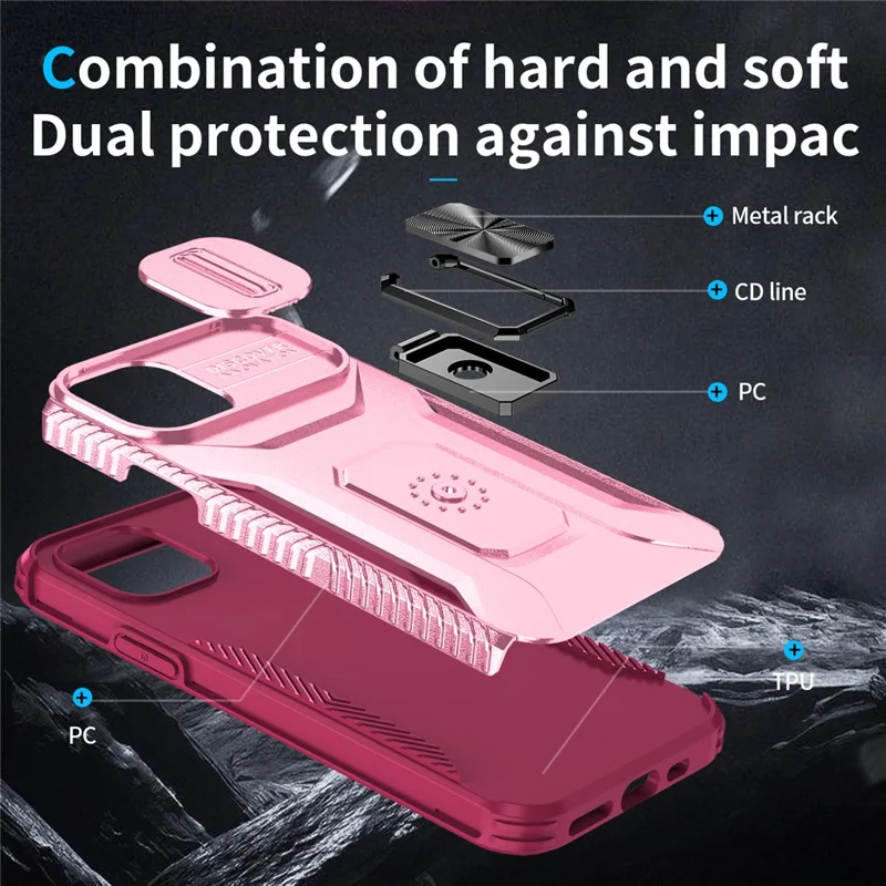Für iPhone 11 Pro Hülle PC+TPU Handyhülle Slider Kameraschildhalter - Rosa+Weinrot 