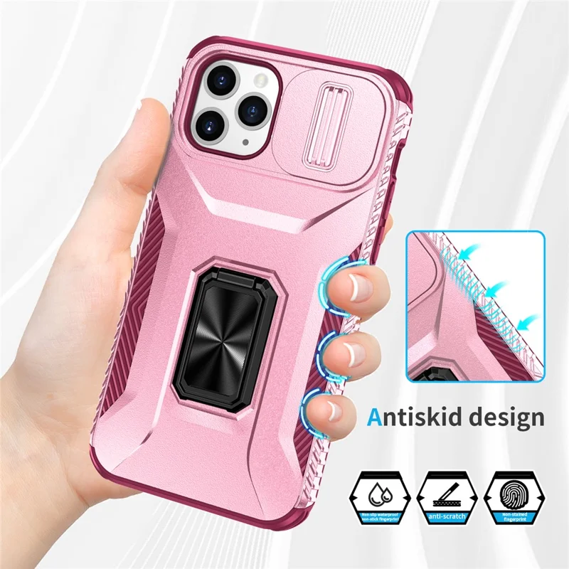 Für iPhone 11 Pro Hülle PC+TPU Handyhülle Slider Kameraschildhalter - Rosa+Weinrot 