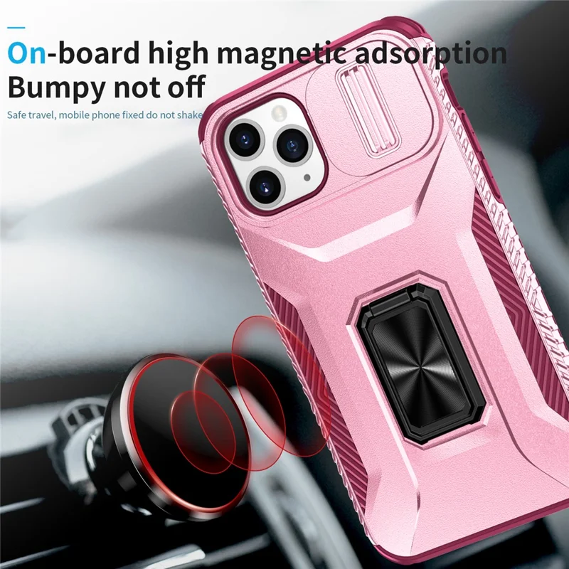 Für iPhone 11 Pro Hülle PC+TPU Handyhülle Slider Kameraschildhalter - Rosa+Weinrot 