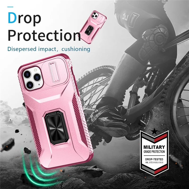 Für iPhone 11 Pro Hülle PC+TPU Handyhülle Slider Kameraschildhalter - Rosa+Weinrot 
