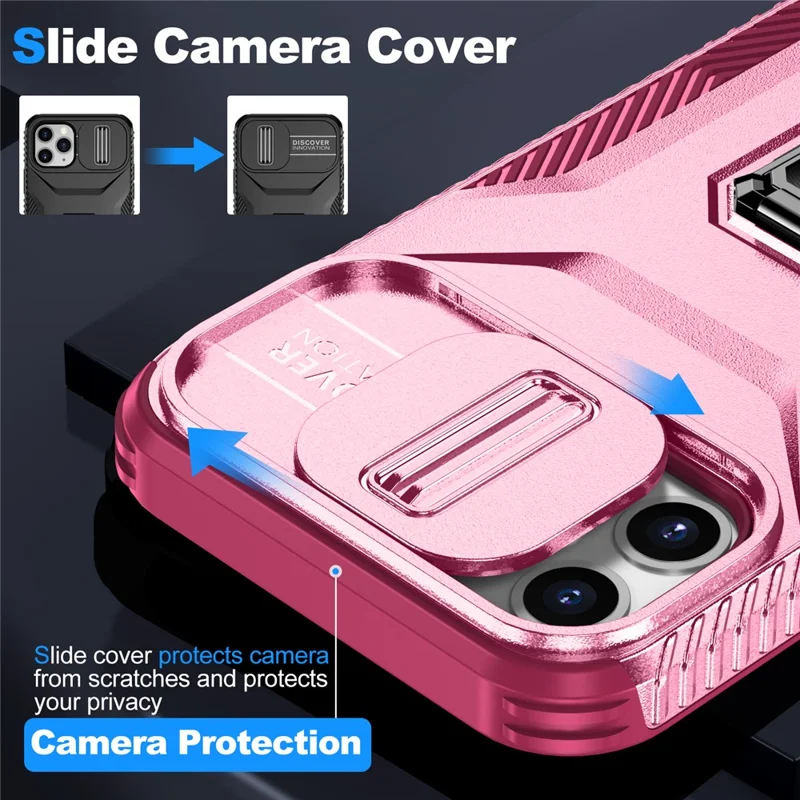 Für iPhone 11 Pro Hülle PC+TPU Handyhülle Slider Kameraschildhalter - Rosa+Weinrot 