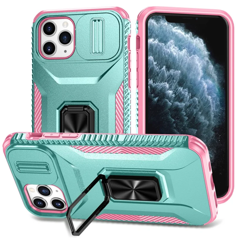 For iPhone 11 Pro Case PC+TPU Phone Cover Sliding Camshield Holder - Grey Green+Pink