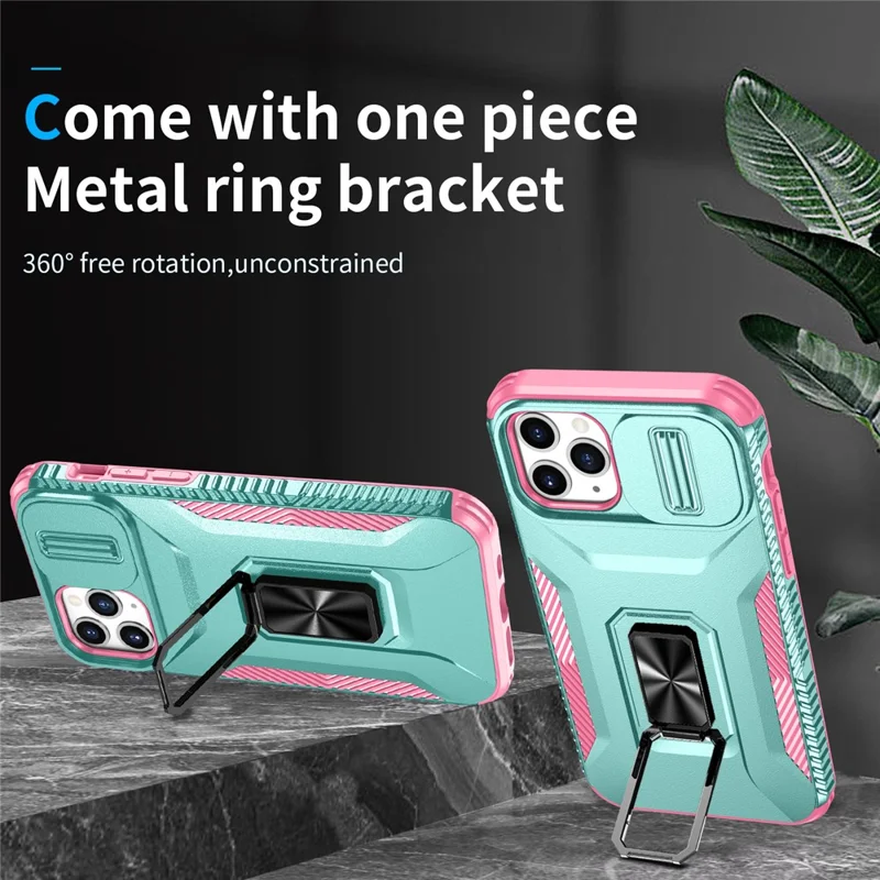 For iPhone 11 Pro Case PC+TPU Phone Cover Sliding Camshield Holder - Grey Green+Pink