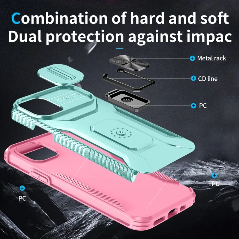 For iPhone 11 Pro Case PC+TPU Phone Cover Sliding Camshield Holder - Grey Green+Pink