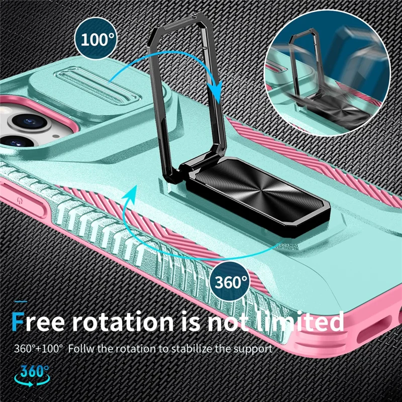 For iPhone 11 Pro Case PC+TPU Phone Cover Sliding Camshield Holder - Grey Green+Pink