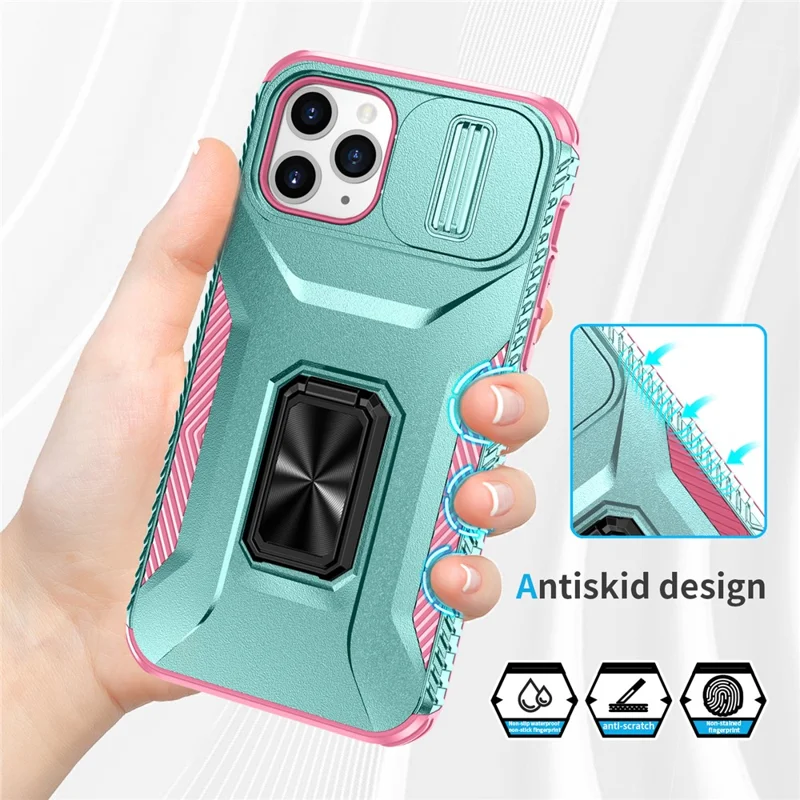 For iPhone 11 Pro Case PC+TPU Phone Cover Sliding Camshield Holder - Grey Green+Pink