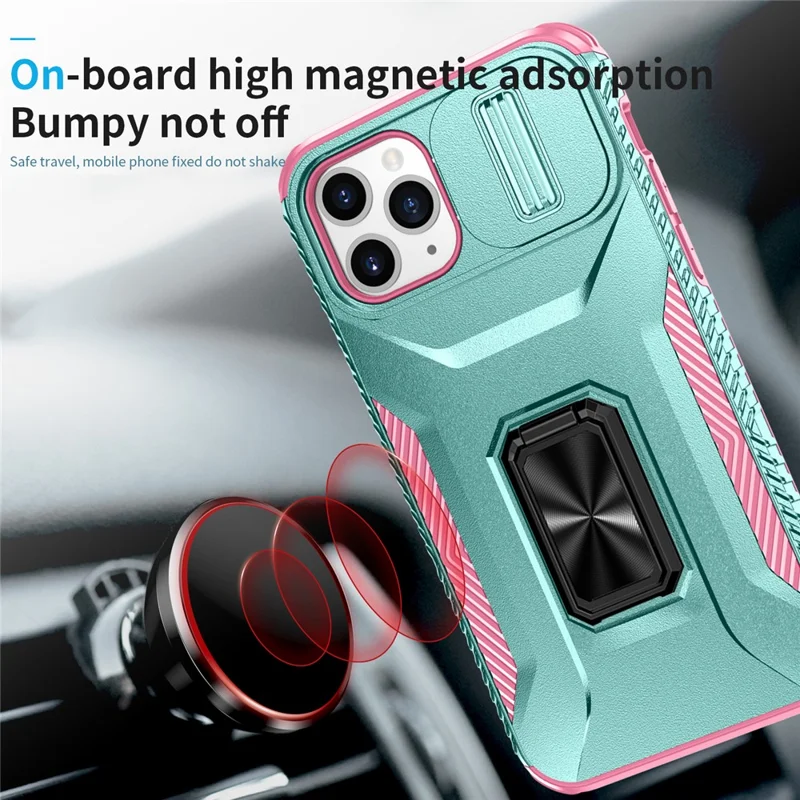For iPhone 11 Pro Case PC+TPU Phone Cover Sliding Camshield Holder - Grey Green+Pink