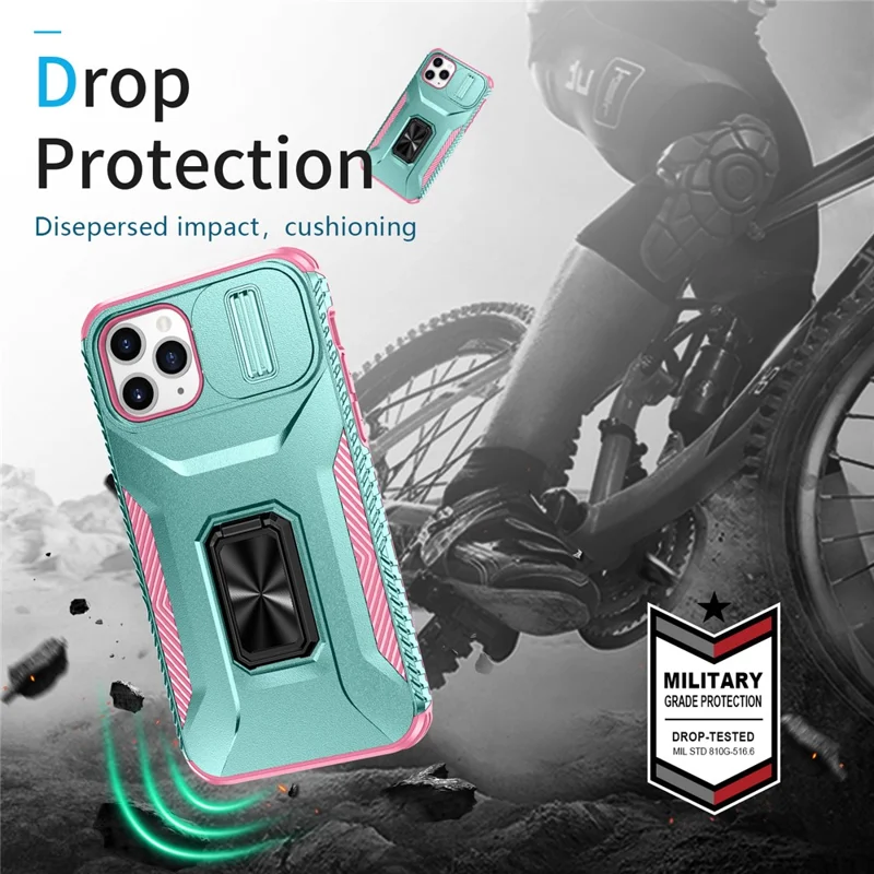 For iPhone 11 Pro Case PC+TPU Phone Cover Sliding Camshield Holder - Grey Green+Pink