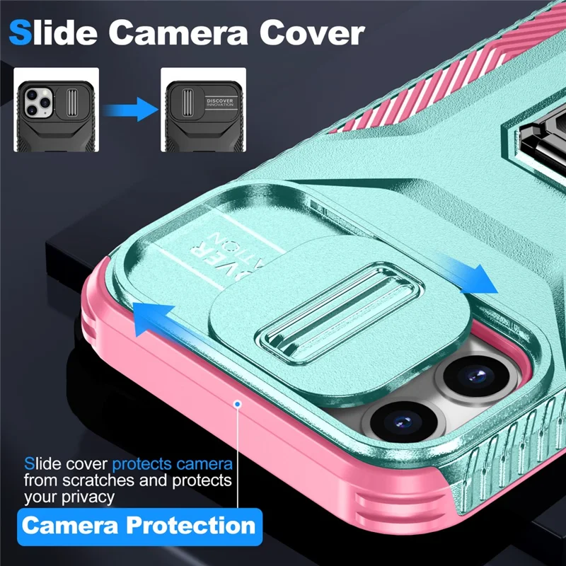 For iPhone 11 Pro Case PC+TPU Phone Cover Sliding Camshield Holder - Grey Green+Pink