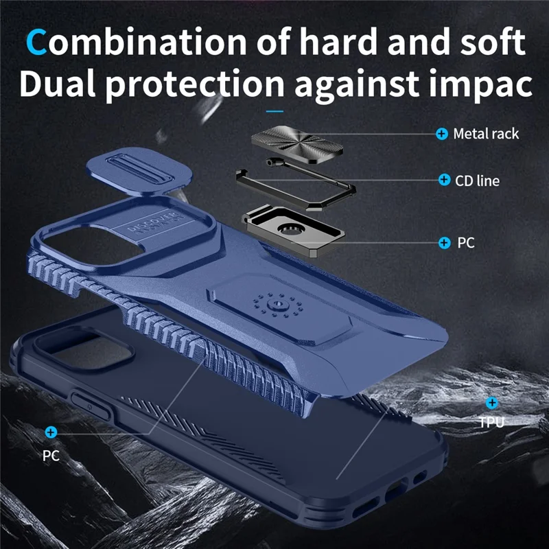 For iPhone 11 Pro Case PC+TPU Phone Cover Sliding Camshield Holder - Blue