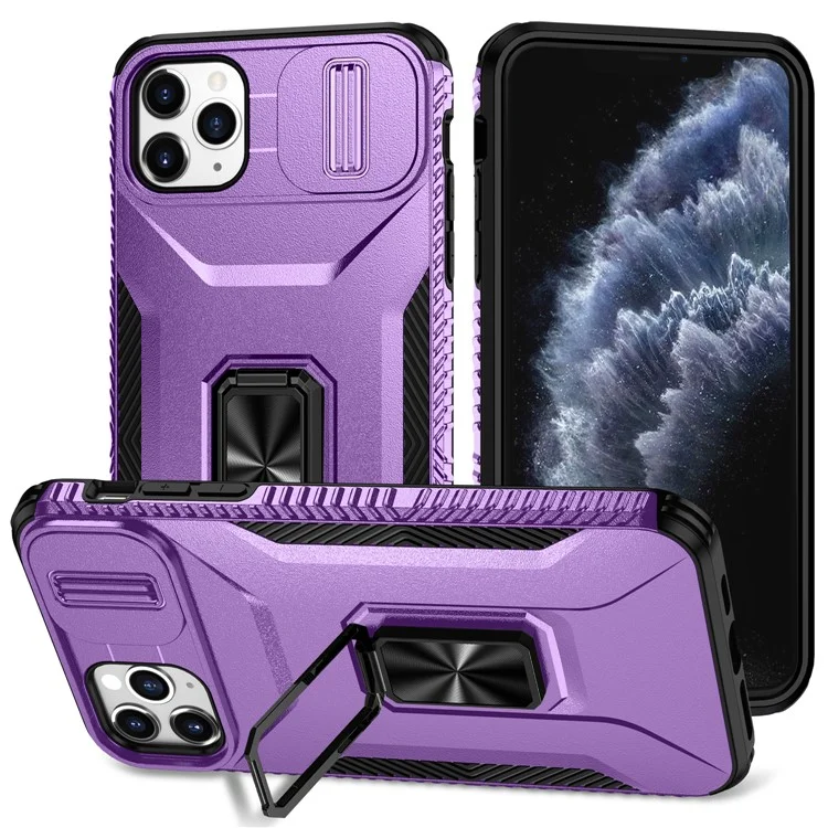 For iPhone 11 Pro Max Case TPU+PC Lens Protection Phone Cover with Ring Kickstand -  Purple