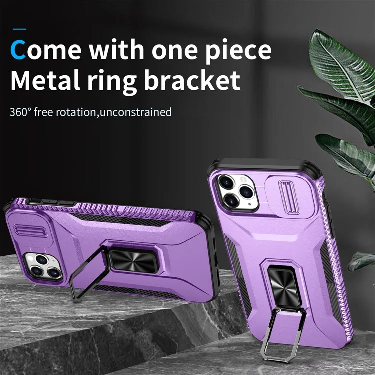For iPhone 11 Pro Max Case TPU+PC Lens Protection Phone Cover with Ring Kickstand -  Purple