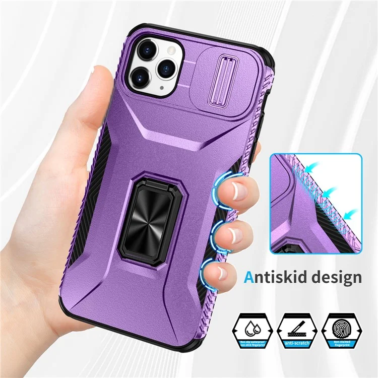 For iPhone 11 Pro Max Case TPU+PC Lens Protection Phone Cover with Ring Kickstand -  Purple