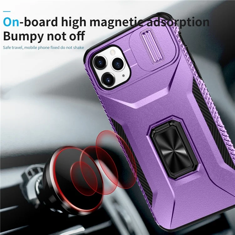 For iPhone 11 Pro Max Case TPU+PC Lens Protection Phone Cover with Ring Kickstand -  Purple