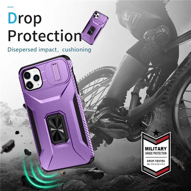 For iPhone 11 Pro Max Case TPU+PC Lens Protection Phone Cover with Ring Kickstand -  Purple