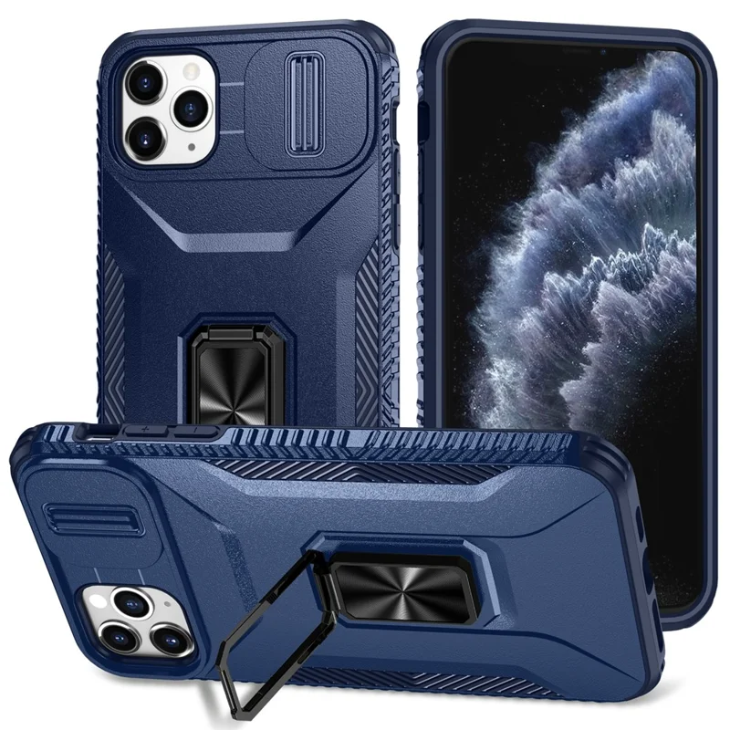 For iPhone 11 Pro Max Case TPU+PC Lens Protection Phone Cover with Ring Kickstand -  Blue