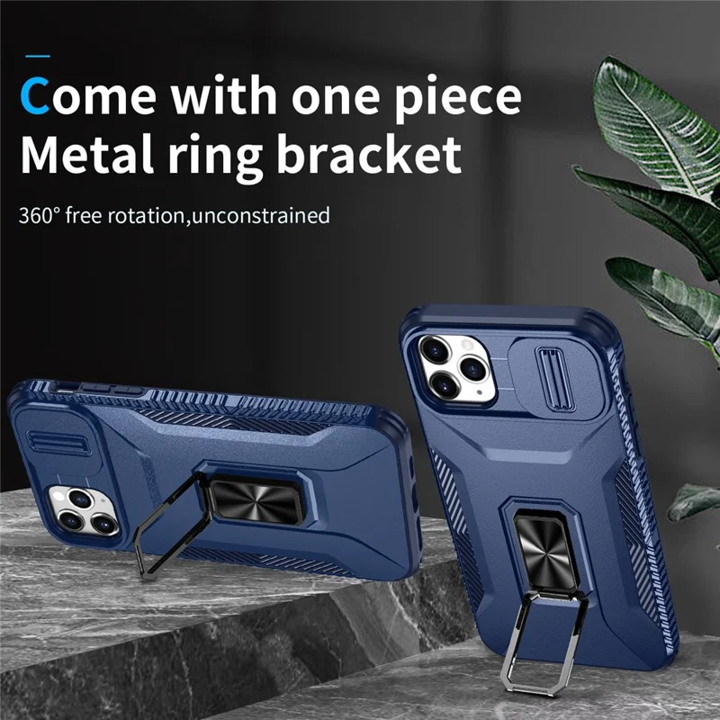 For iPhone 11 Pro Max Case TPU+PC Lens Protection Phone Cover with Ring Kickstand -  Blue