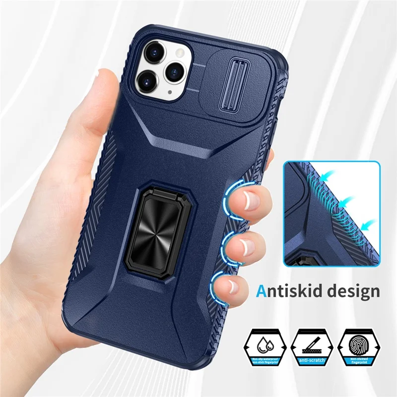 For iPhone 11 Pro Max Case TPU+PC Lens Protection Phone Cover with Ring Kickstand -  Blue