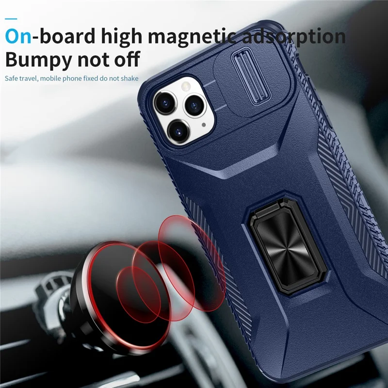 For iPhone 11 Pro Max Case TPU+PC Lens Protection Phone Cover with Ring Kickstand -  Blue