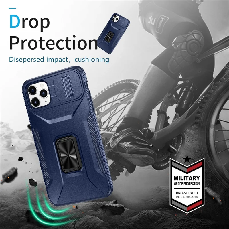 For iPhone 11 Pro Max Case TPU+PC Lens Protection Phone Cover with Ring Kickstand -  Blue