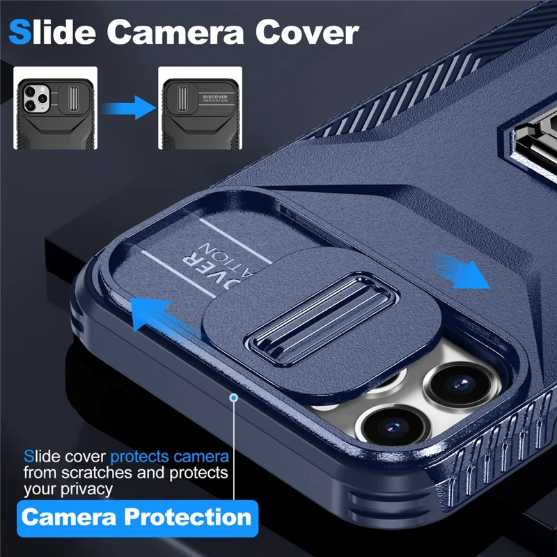 For iPhone 11 Pro Max Case TPU+PC Lens Protection Phone Cover with Ring Kickstand -  Blue