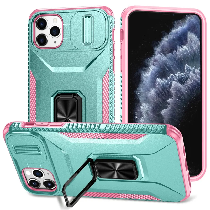 For iPhone 11 Pro Max Case TPU+PC Lens Protection Phone Cover with Ring Kickstand -  Grey Green+Pink