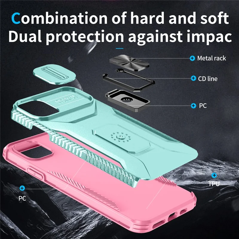 For iPhone 11 Pro Max Case TPU+PC Lens Protection Phone Cover with Ring Kickstand -  Grey Green+Pink