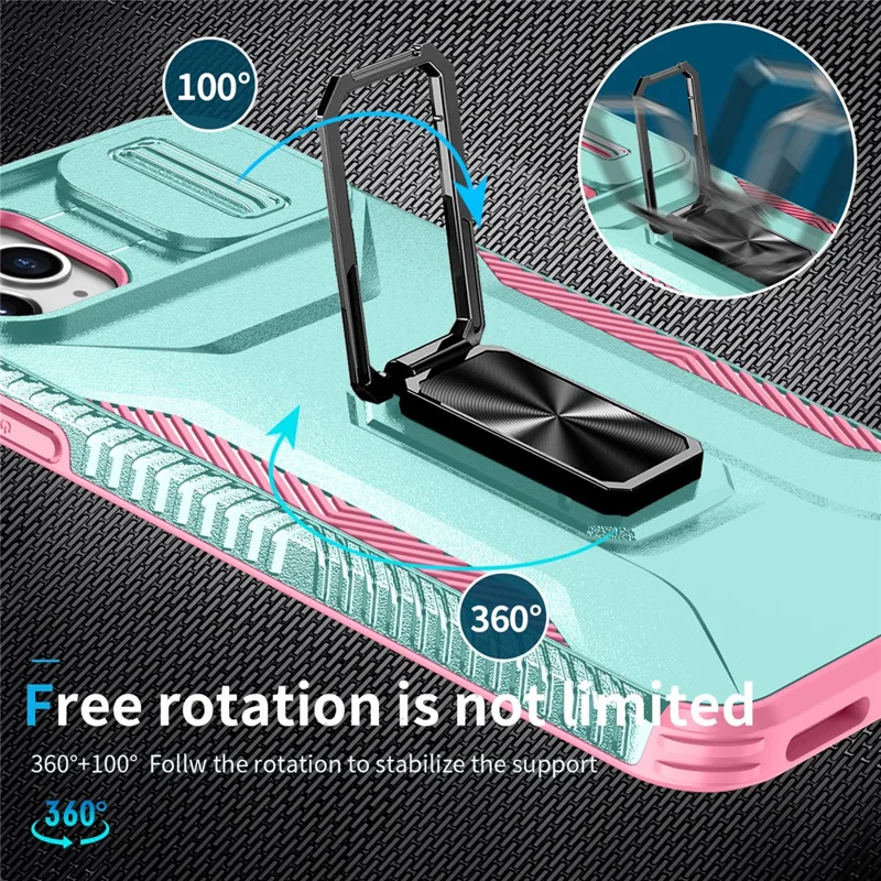 For iPhone 11 Pro Max Case TPU+PC Lens Protection Phone Cover with Ring Kickstand -  Grey Green+Pink