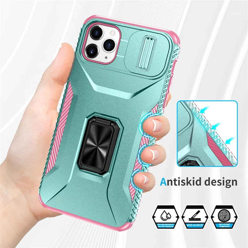 For iPhone 11 Pro Max Case TPU+PC Lens Protection Phone Cover with Ring Kickstand -  Grey Green+Pink