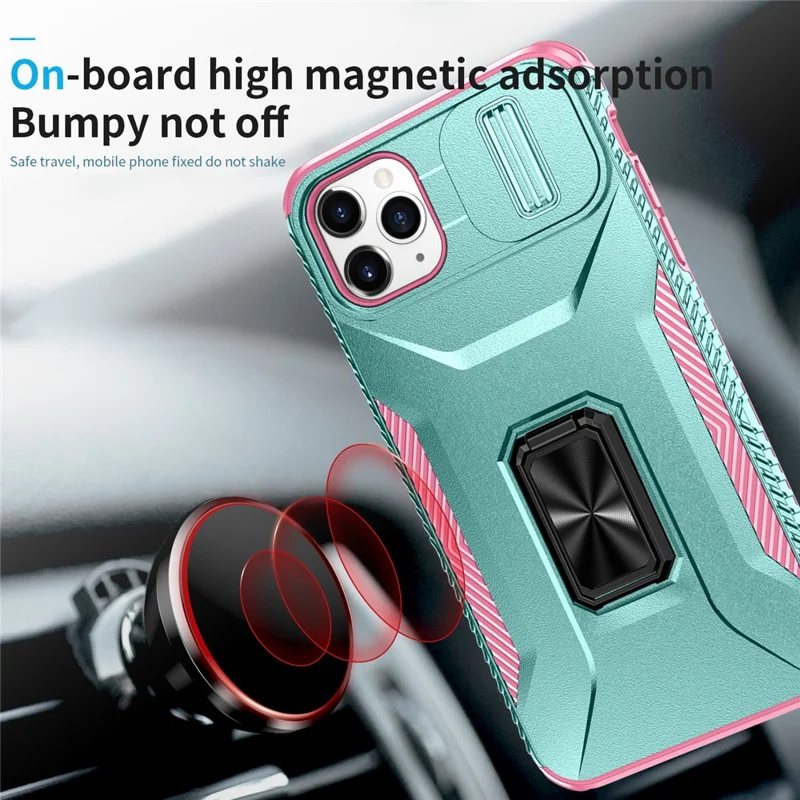 For iPhone 11 Pro Max Case TPU+PC Lens Protection Phone Cover with Ring Kickstand -  Grey Green+Pink