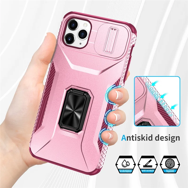 Capa para iPhone 11 Pro Max TPU+PC Proteção da Lente Capa de Telefone com Suporte Anel - Rosa+Vermelho Vinho