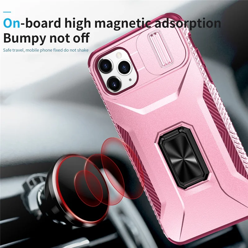 Capa para iPhone 11 Pro Max TPU+PC Proteção da Lente Capa de Telefone com Suporte Anel - Rosa+Vermelho Vinho