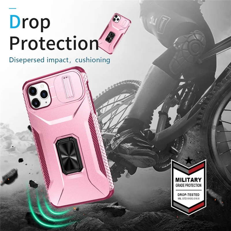 Capa para iPhone 11 Pro Max TPU+PC Proteção da Lente Capa de Telefone com Suporte Anel - Rosa+Vermelho Vinho