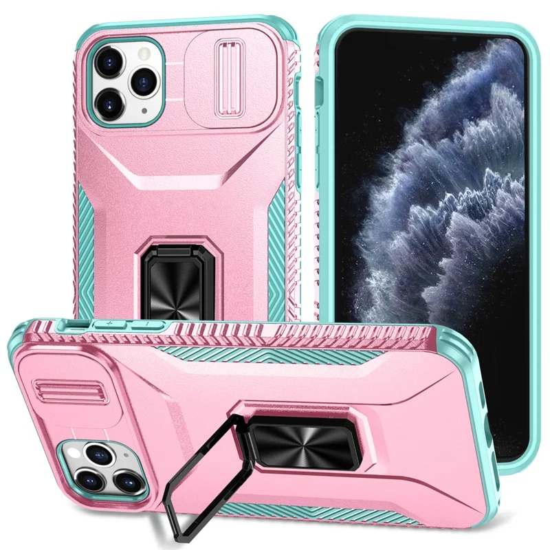 For iPhone 11 Pro Max Case TPU+PC Lens Protection Phone Cover with Ring Kickstand -  Pink+Grey Green