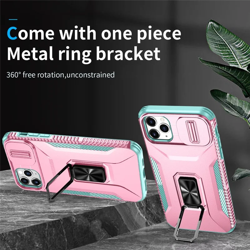 For iPhone 11 Pro Max Case TPU+PC Lens Protection Phone Cover with Ring Kickstand -  Pink+Grey Green