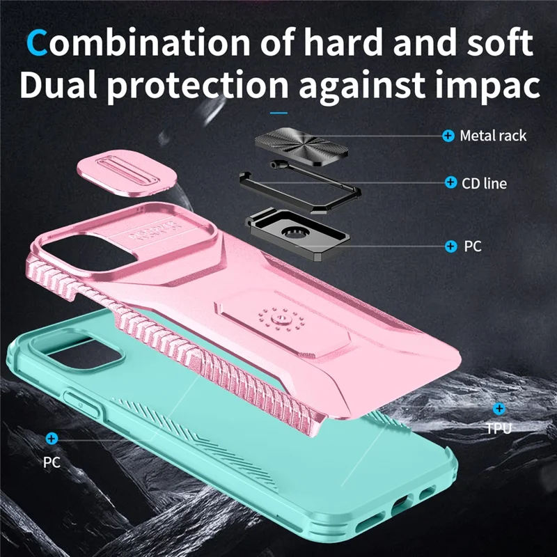 For iPhone 11 Pro Max Case TPU+PC Lens Protection Phone Cover with Ring Kickstand -  Pink+Grey Green