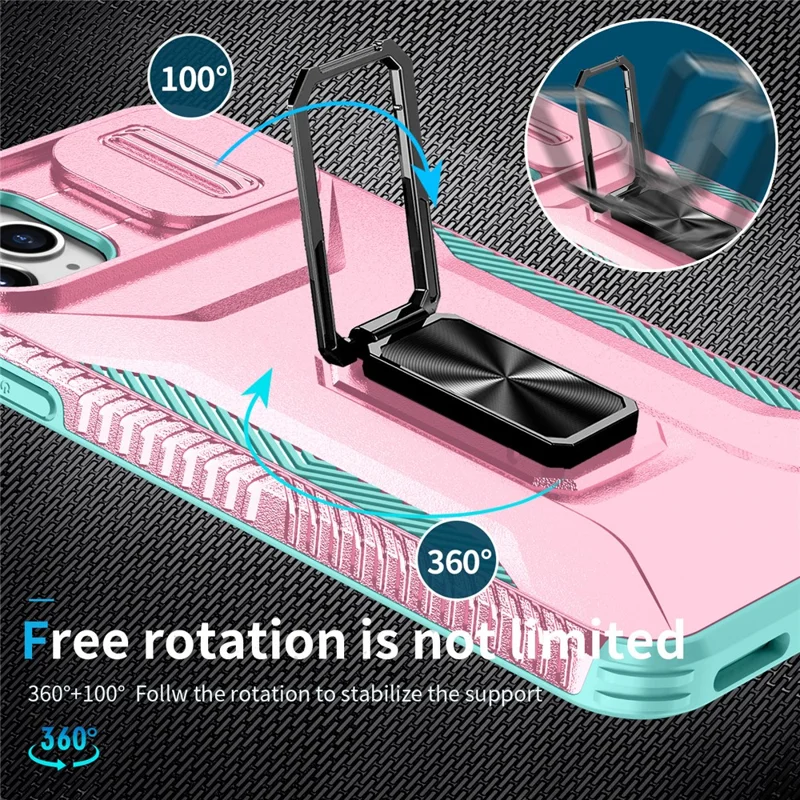 For iPhone 11 Pro Max Case TPU+PC Lens Protection Phone Cover with Ring Kickstand -  Pink+Grey Green