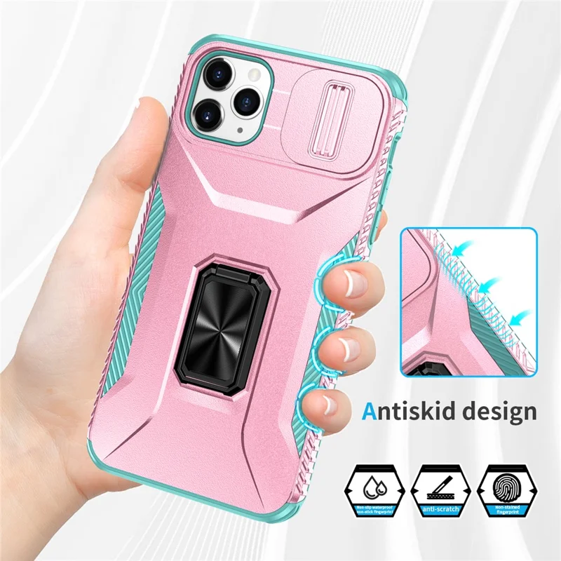 For iPhone 11 Pro Max Case TPU+PC Lens Protection Phone Cover with Ring Kickstand -  Pink+Grey Green