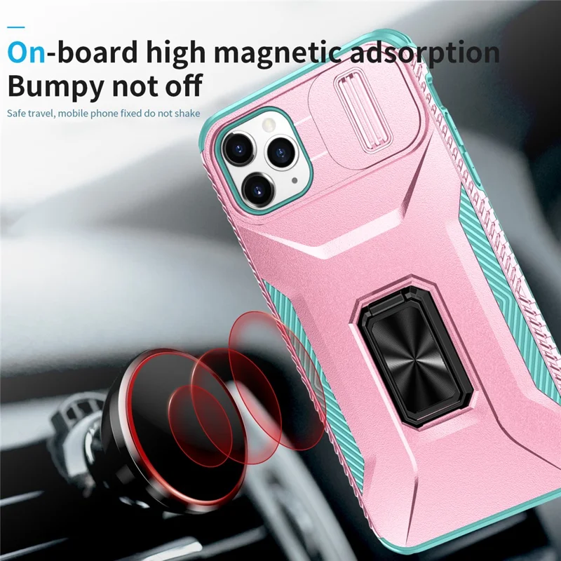 For iPhone 11 Pro Max Case TPU+PC Lens Protection Phone Cover with Ring Kickstand -  Pink+Grey Green